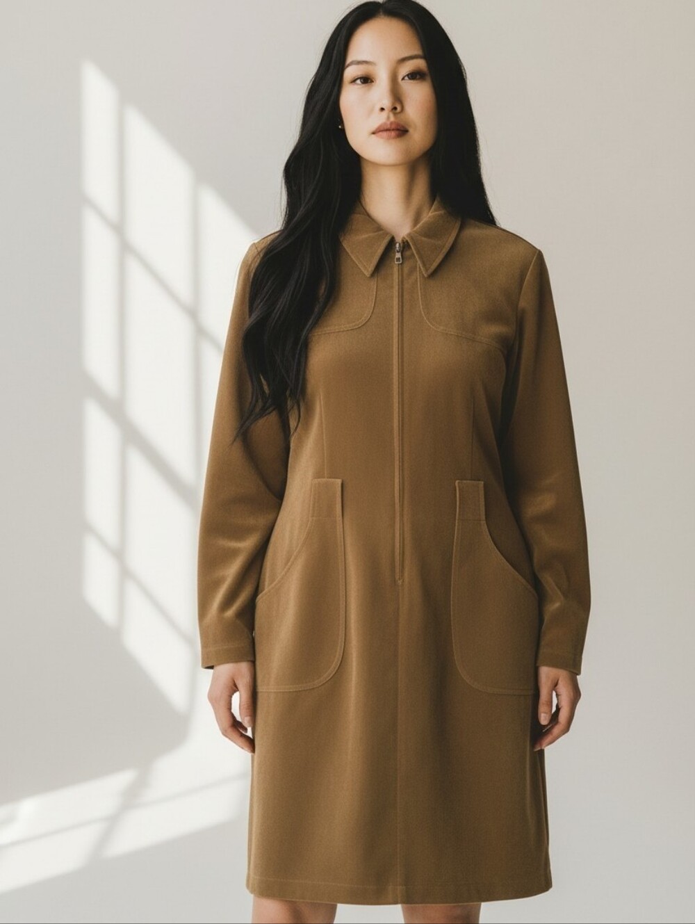 Vintage Liz Claiborne Faux Suede Camel-Brown Zip Front Dress